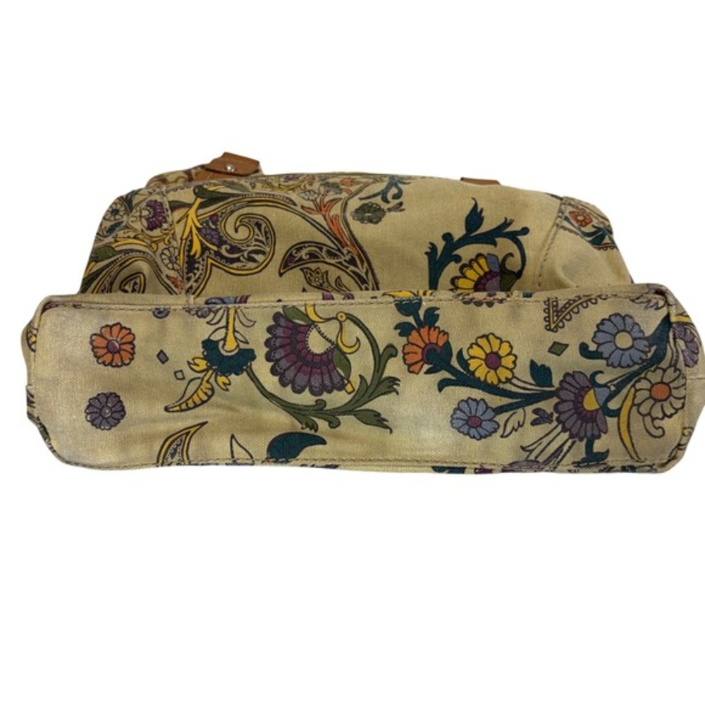 Fossil Canvas Shoulder‎ Bag Paisley Floral Print Leather Trim Zipper Taupe Green - Picture 5 of 8